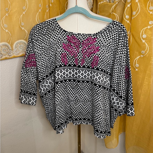 Maeve Tops - Maeve Black and White Blouse with Pink Embroidery